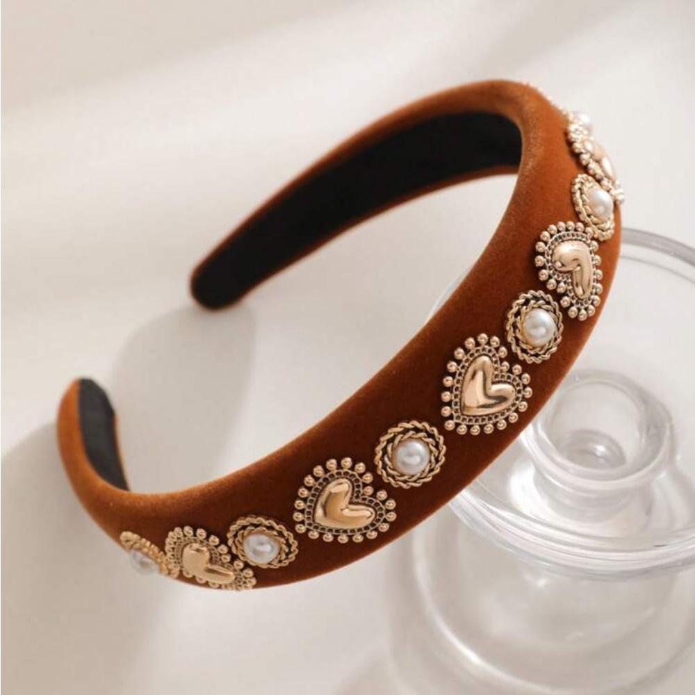 Elegant Brown velvet Headband with heart shaped Gold Accents - Picture 1 of 11
